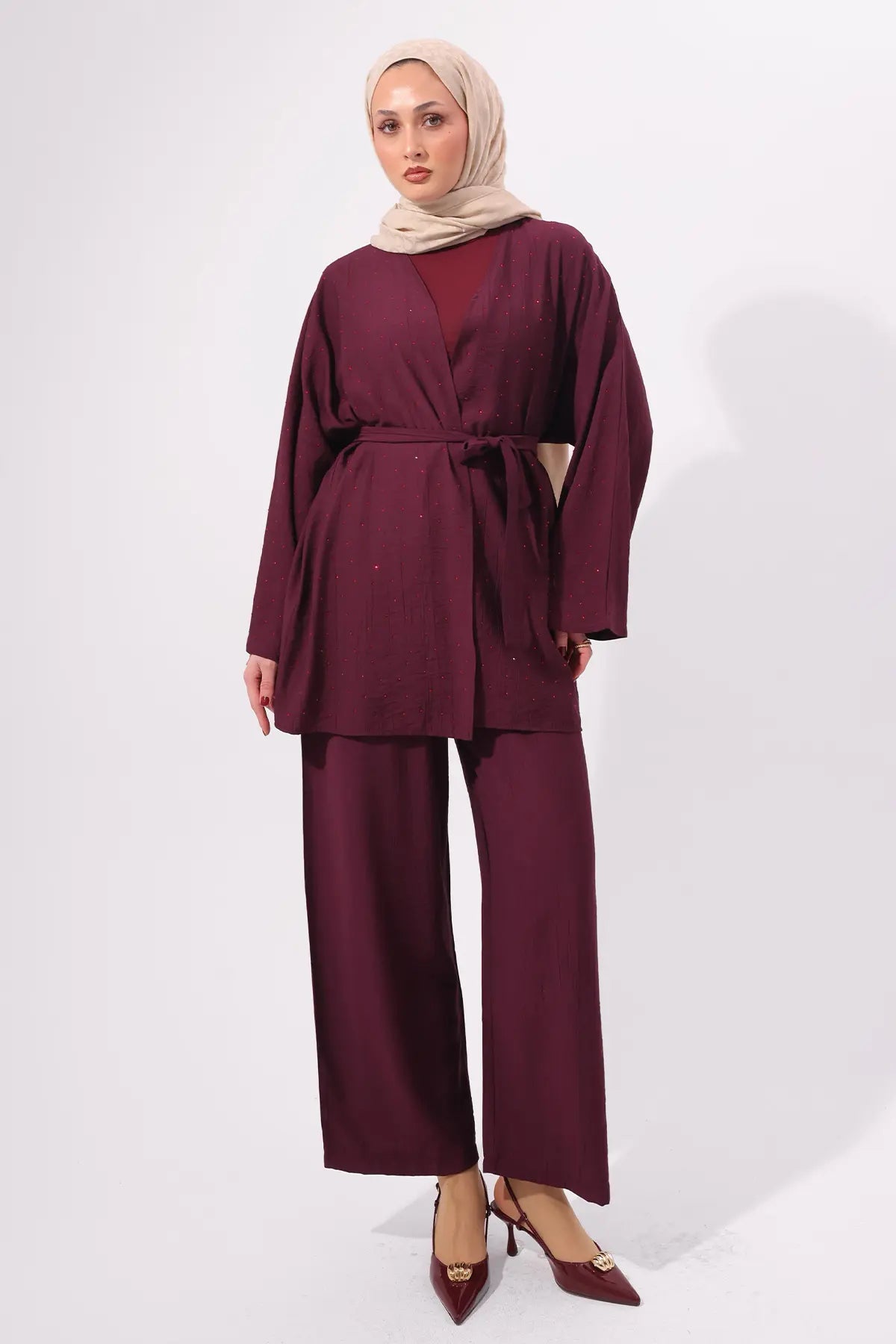 Stone Embellished Two-piece Set | Claret Red – NEOMODEST product image 3