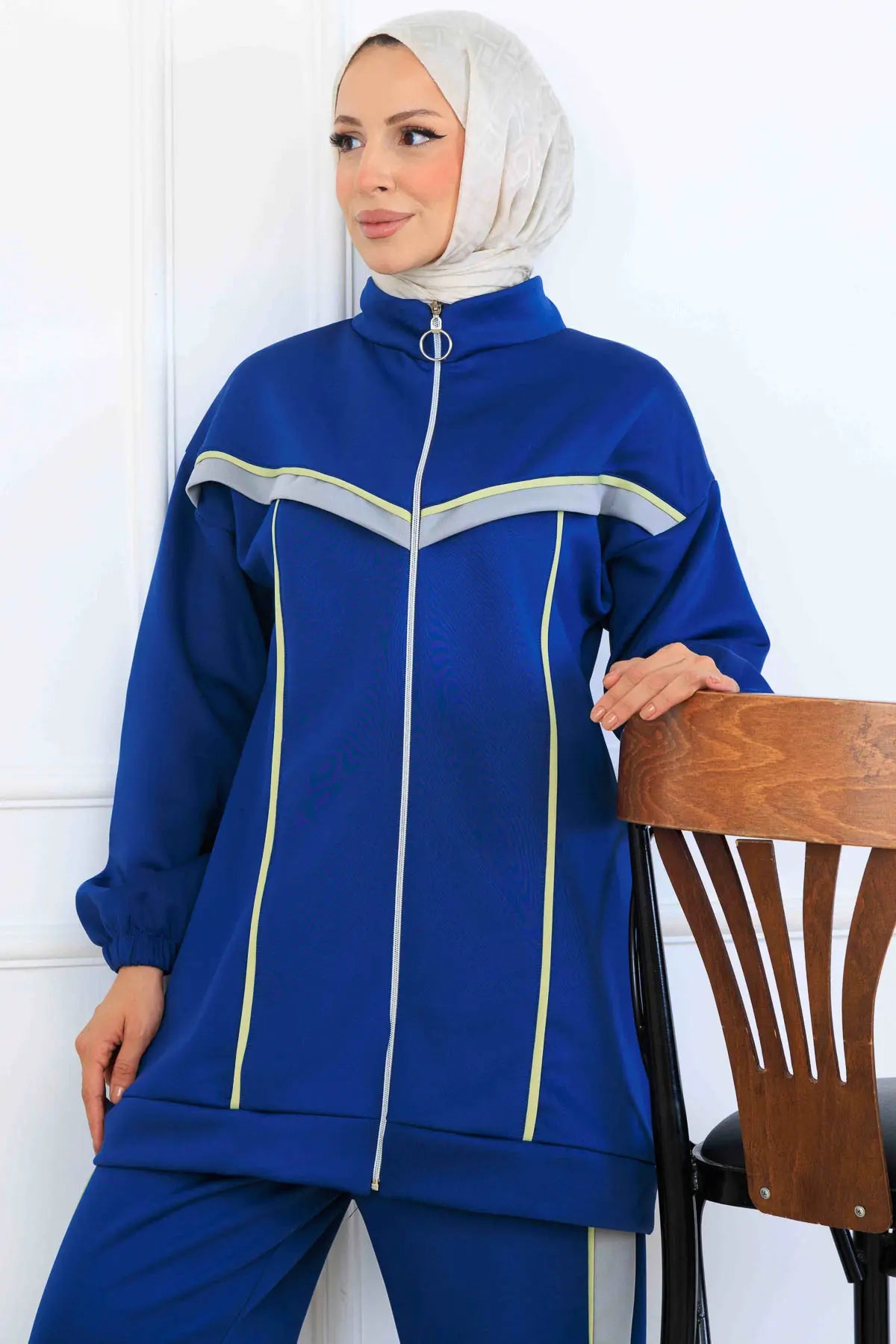 Striped Detailed Scuba Two Piece Suit | Sax Blue – NEOMODEST, image 3
