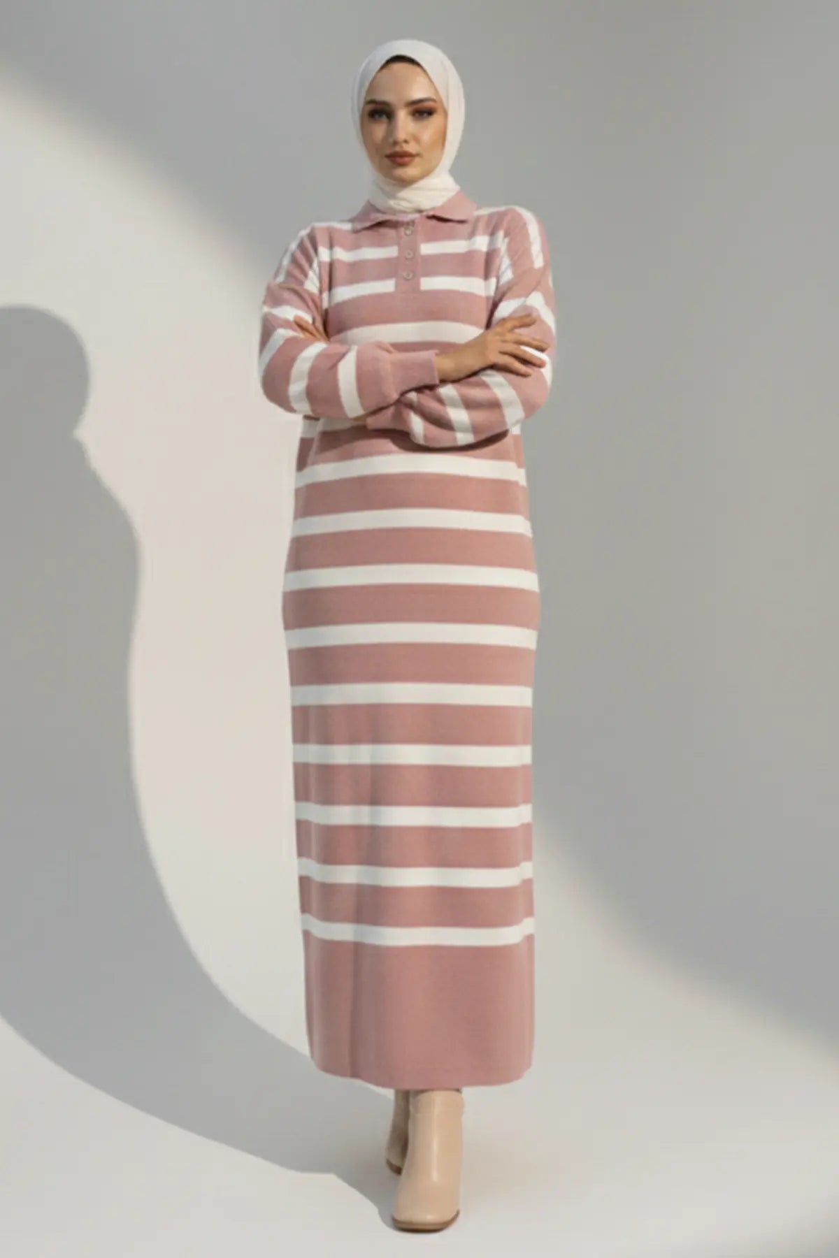 Mec Striped Knit Dress With Button Detail On The Collar