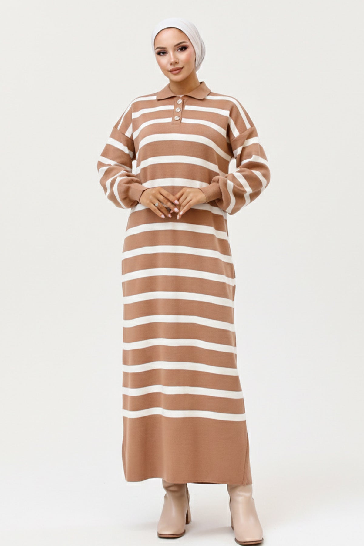 Mec Striped Knit Dress With Button Detail On The Collar