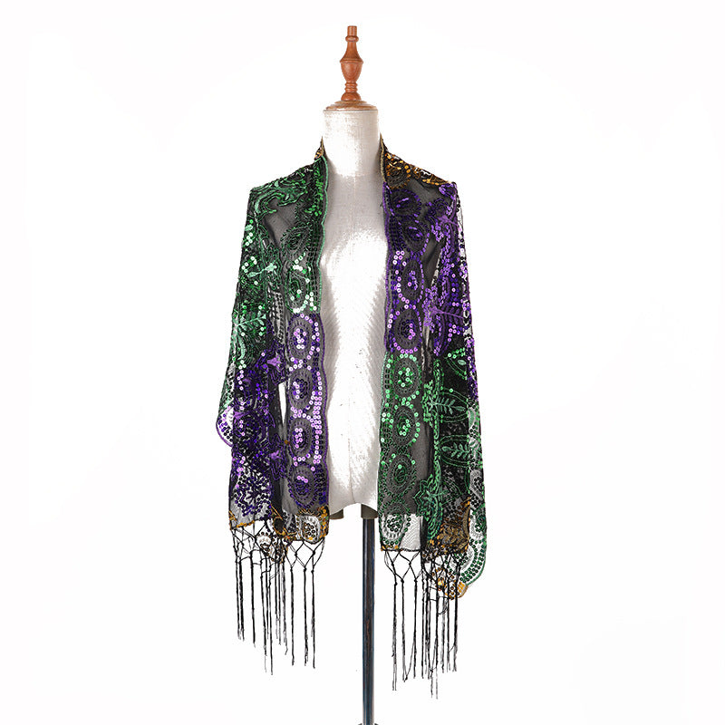 Three-colour Embroidered Sequin Scarf - Multicolor / 160cm - Square scarf