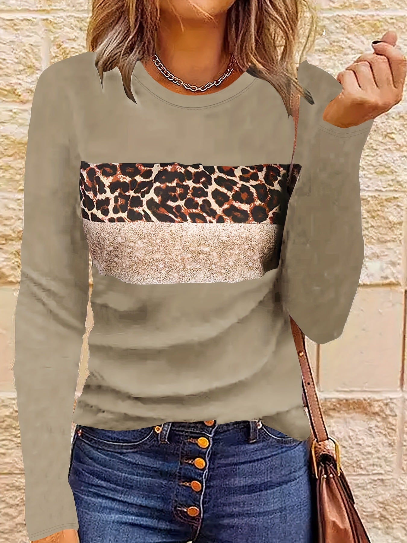 Women’s Casual Printing Long Sleeved Fitted T-shirt - Khaki / L - t-shirt
