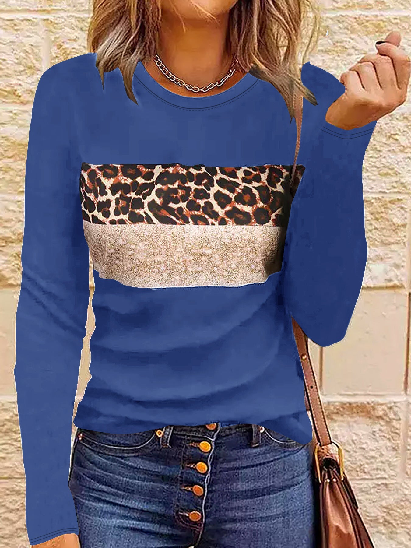 Women’s Casual Printing Long Sleeved Fitted T-shirt - Sapphire Blue / L - t-shirt