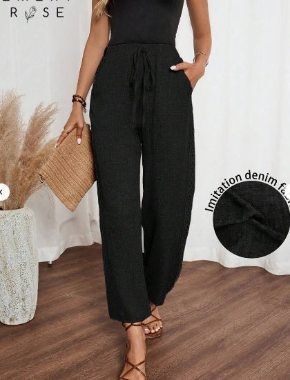Women’s Casual Side Lace Solid Denim Effect Long Pants - Black / 2XL - Trousers