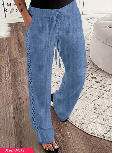 Women’s Casual Side Lace Solid Denim Effect Long Pants - Blue / 2XL - Trousers