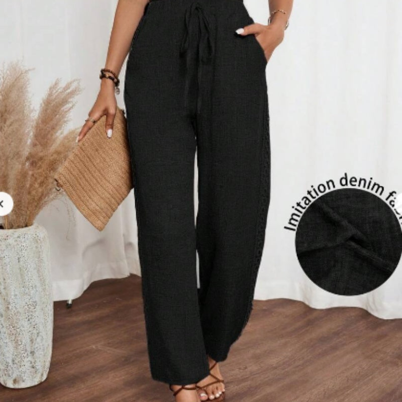 Women’s Casual Side Lace Solid Denim Effect Long Pants - Trousers