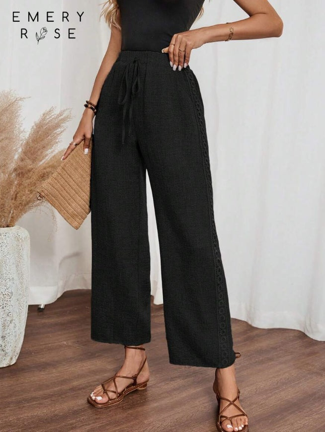 Women’s Casual Side Lace Solid Denim Effect Long Pants - Trousers