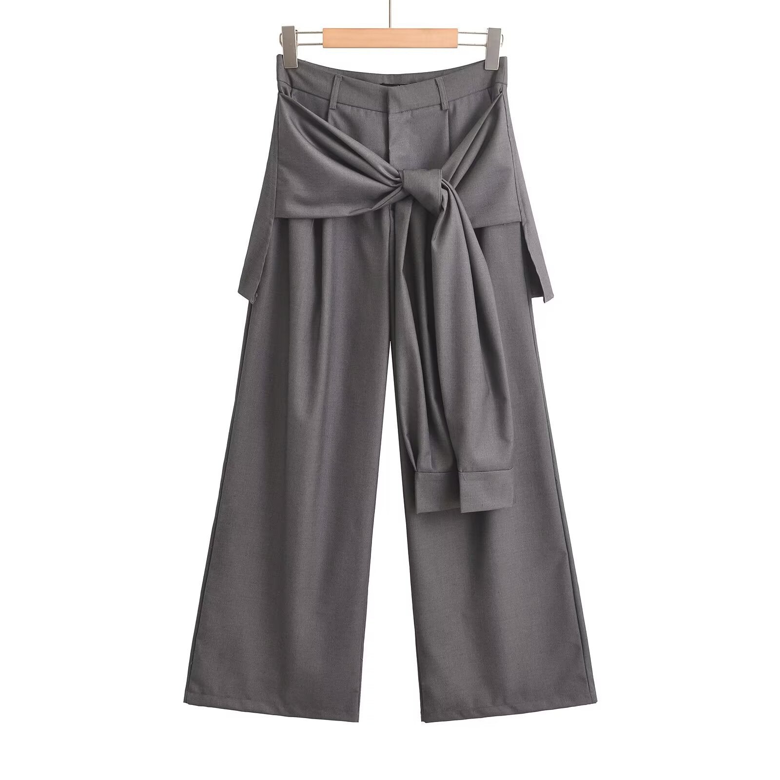 Women’s Fake Two-pieces Lace-up Wide-leg Pants - Gray / L - Pants