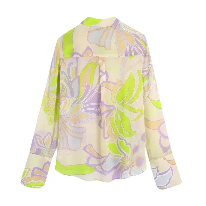 Women’s French Retro Printed Shirt with Straight-leg Trousers
