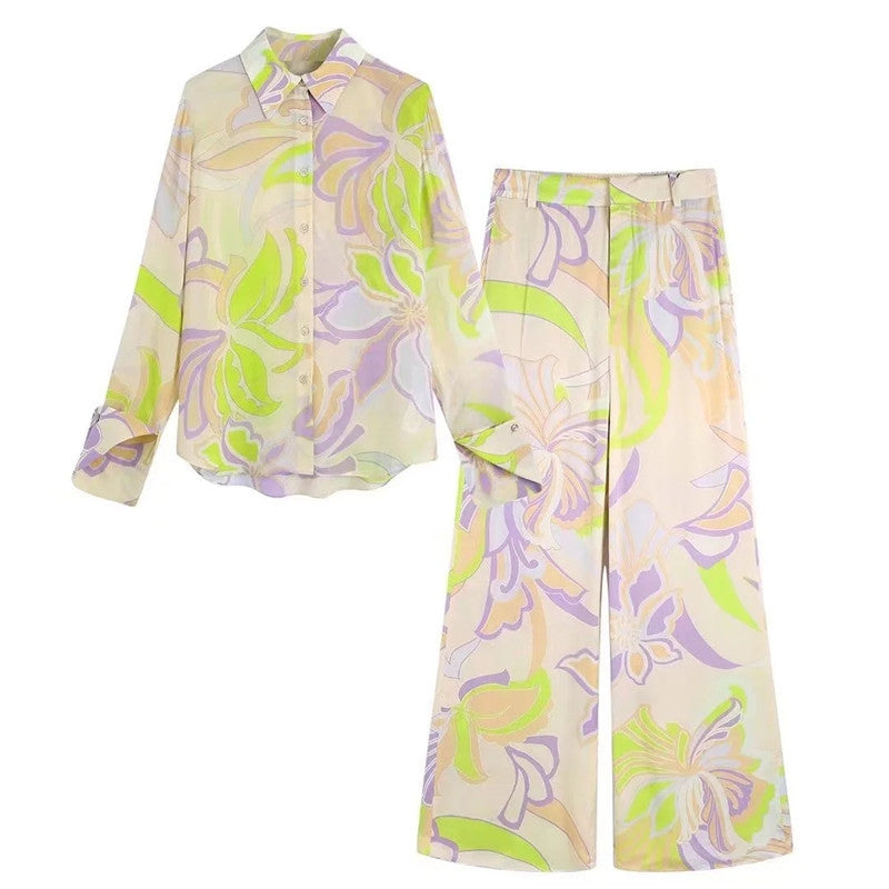 Women’s French Retro Printed Shirt with Straight-leg Trousers