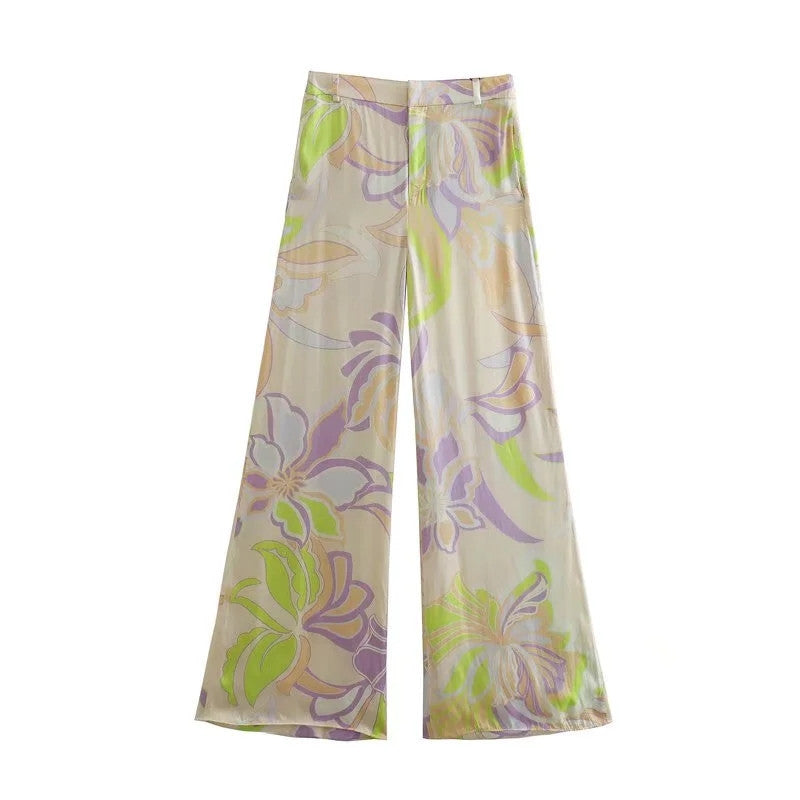 Women’s French Retro Printed Shirt with Straight-leg Trousers