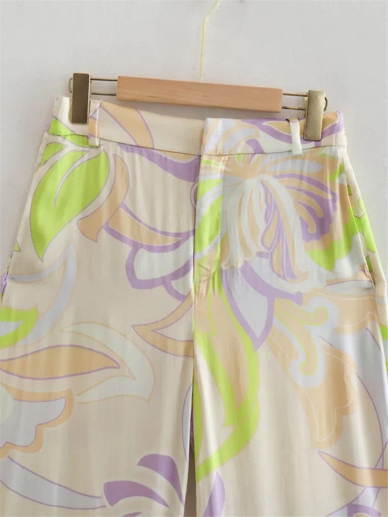 Women’s French Retro Printed Shirt with Straight-leg Trousers
