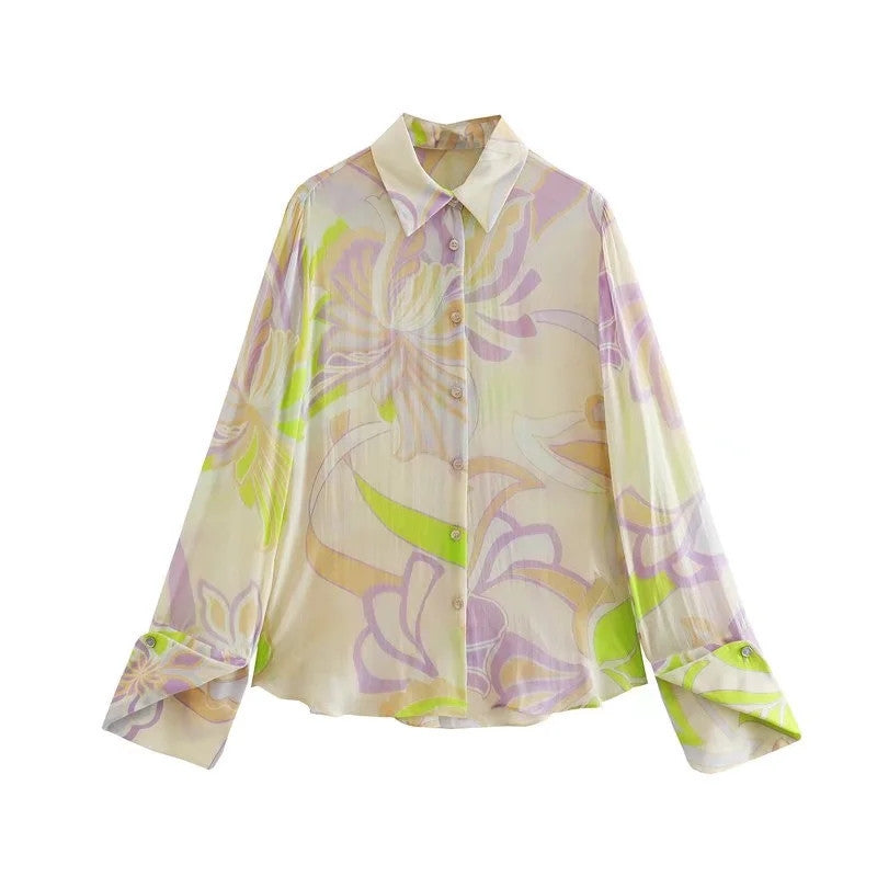 Women’s French Retro Printed Shirt with Straight-leg Trousers