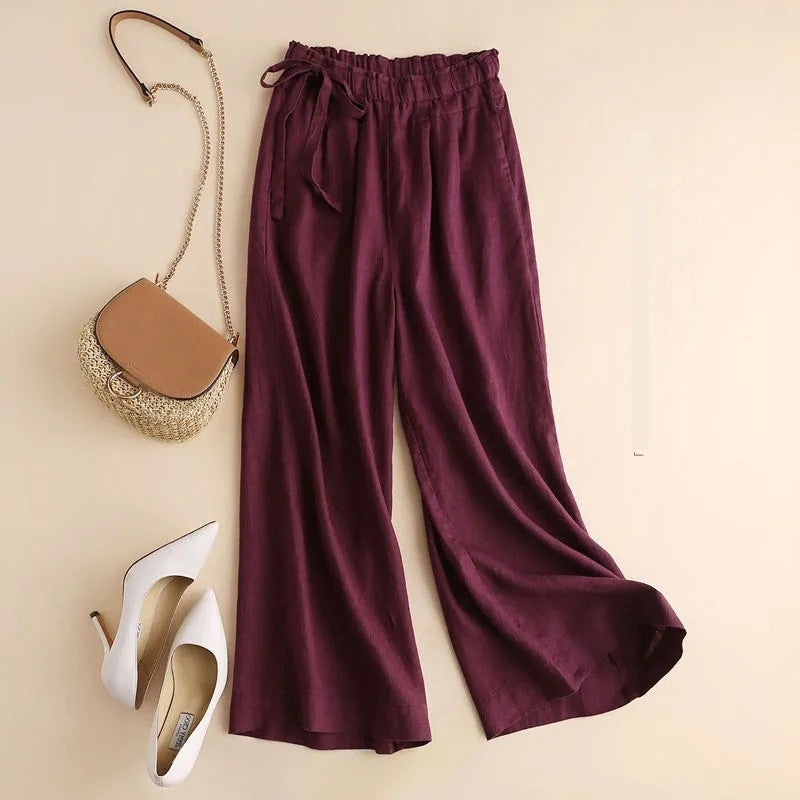 Women’s High Waist Side Lace-up Retro Elastic-waist Casual Pants - Purplish Red / 2XL - Women’s Trousers