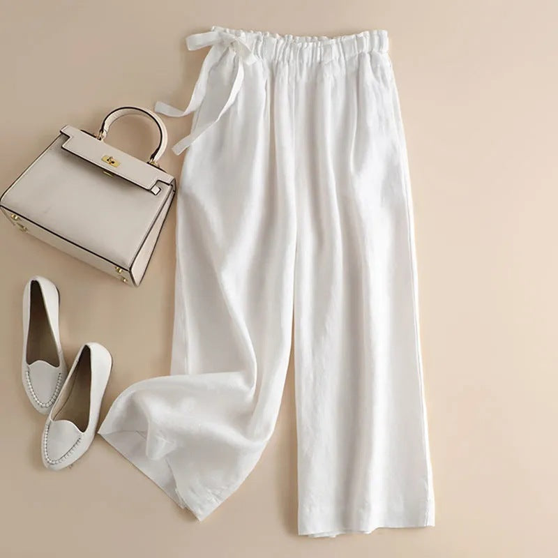 Women’s High Waist Side Lace-up Retro Elastic-waist Casual Pants - White / 2XL - Women’s Trousers