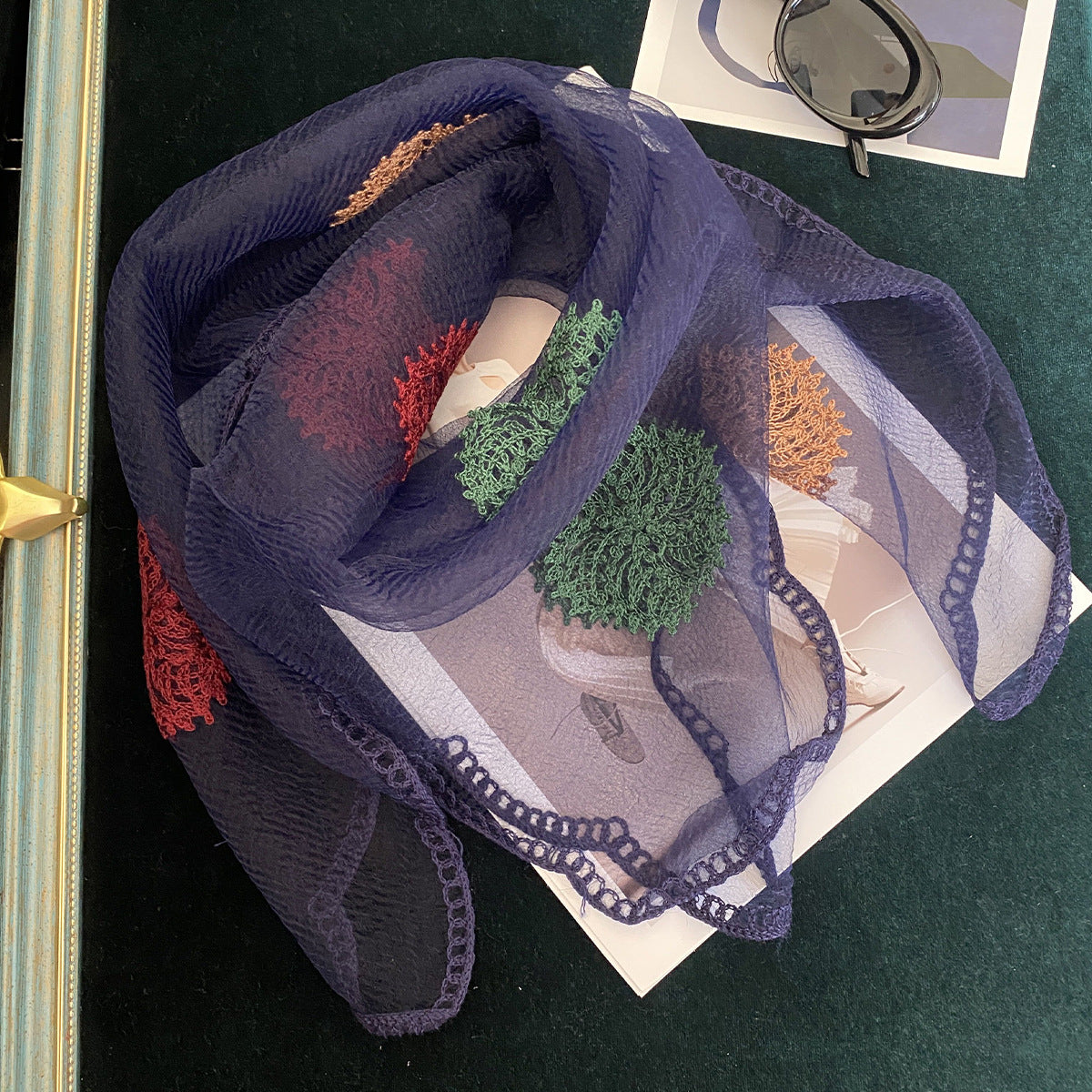 Women’s Korean-style Embroidered Scarf - Navy Blue / 80x80cm - Scarf