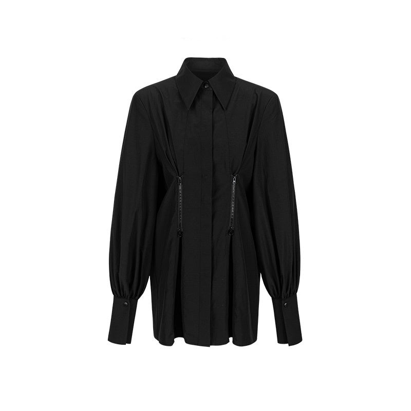 Women’s Luxury Zipper Detailed Blouse Long Sleeve Waist Trimming Shirt - Black / L - Blouse