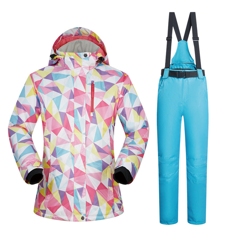 Women’s Ski Suit Thickened Breathable Outdoor Suit - Pink triangle light blue / L