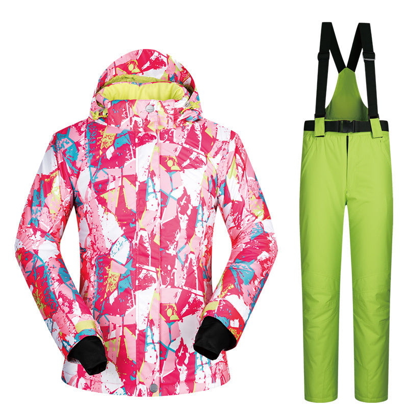 Women’s Ski Suit Thickened Breathable Outdoor Suit - Rose Red Puzzle Green / L