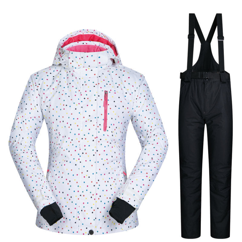 Women’s Ski Suit Thickened Breathable Outdoor Suit - White dots black / L