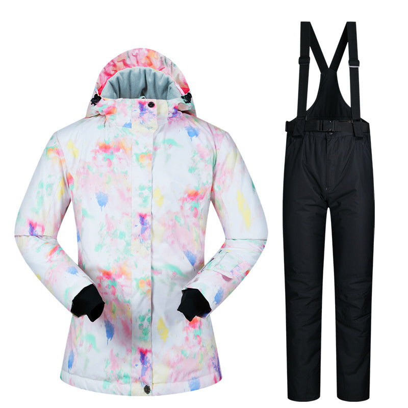 Women’s Ski Suit Thickened Breathable Outdoor Suit - White watercolor black / L