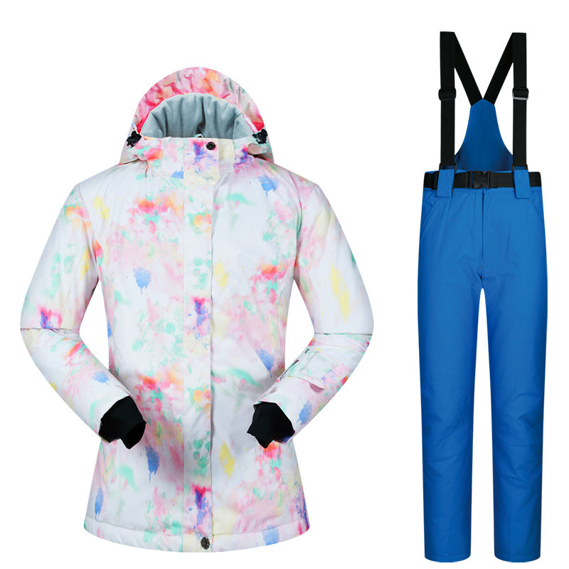 Women’s Ski Suit Thickened Breathable Outdoor Suit - White watercolor blue / L