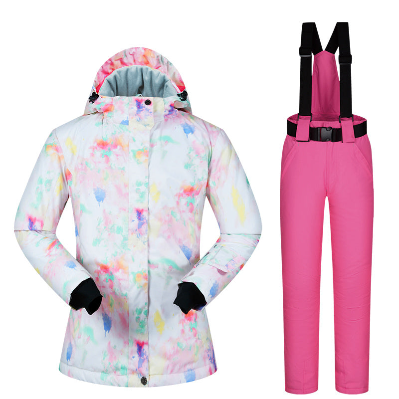 Women’s Ski Suit Thickened Breathable Outdoor Suit - White watercolor powder / L