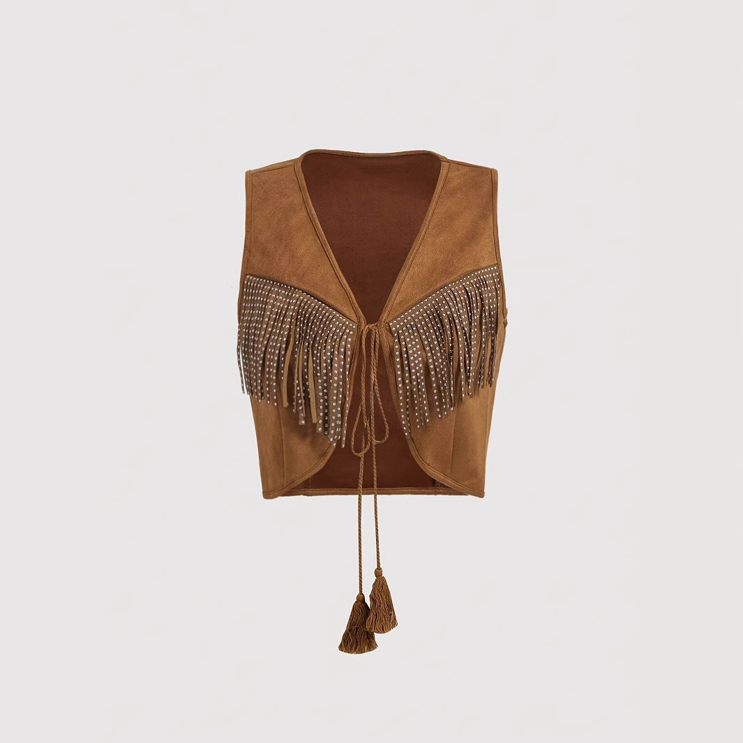 Women’s Sleeveless Denim Vest With Fringe - Brown / L - Vest