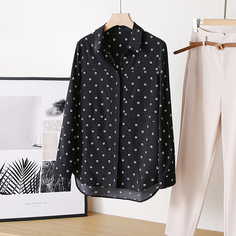 Women’s Stretch Silk Summer Shirt - Black horseshoe flower / L - Women’s shirt