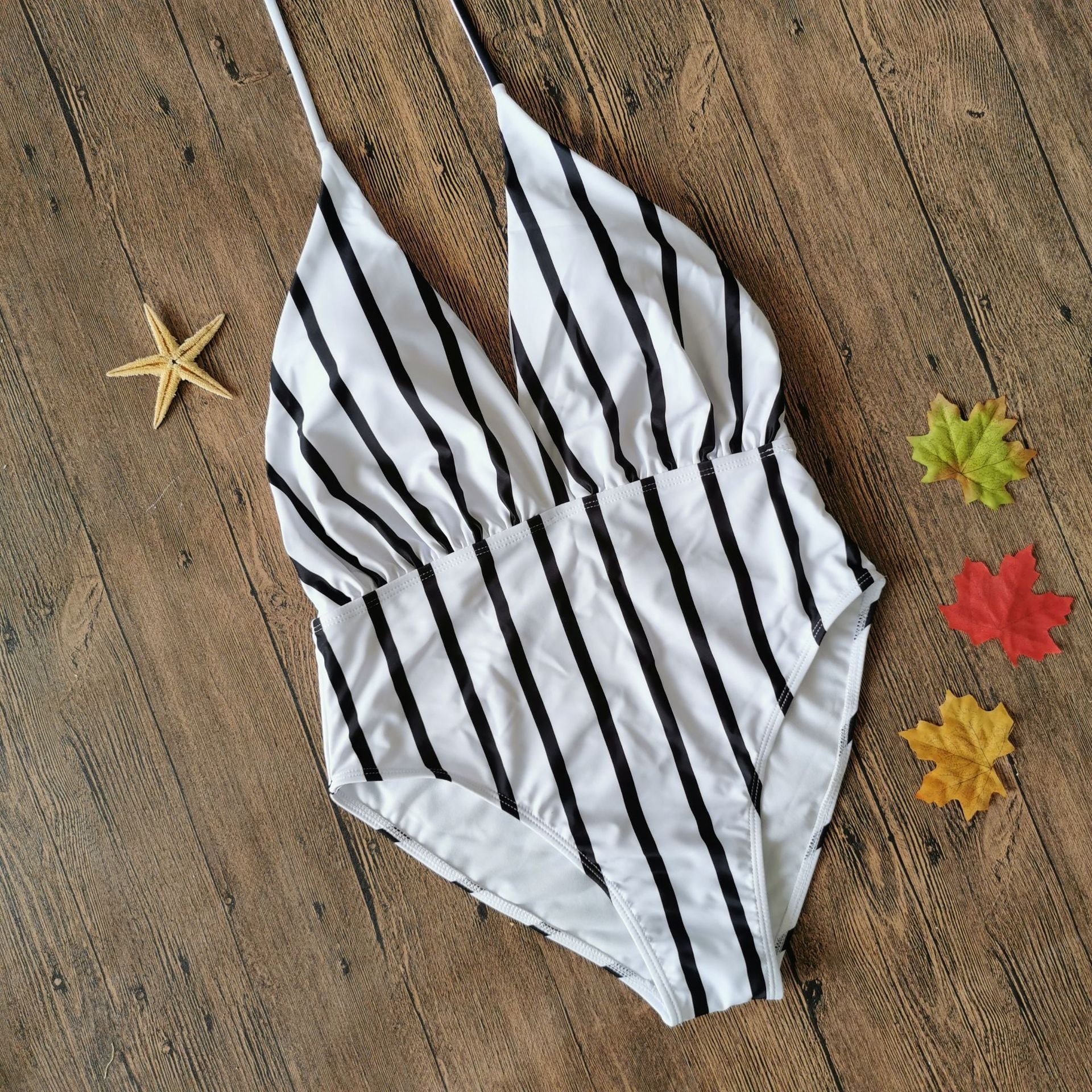 Women’s Swimwear One-Piece Swimsuit - Black and white strips / 2XL - swimsuit