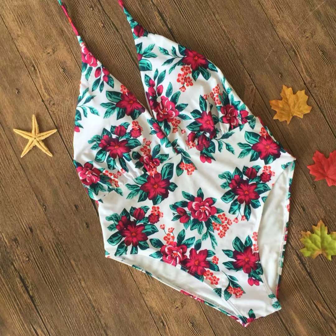 Women’s Swimwear One-Piece Swimsuit - Fuchsia flower on white / 2XL - swimsuit