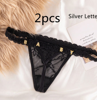Women’s Transparent Rhinestone Letter Lace Shorts - Black2pcs / 1to5 Silver Letter / One size - Women’s Lace Shorts
