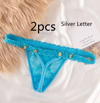 Women’s Transparent Rhinestone Letter Lace Shorts - Blue2pcs / 1to5 Silver Letter / One size - Women’s Lace Shorts
