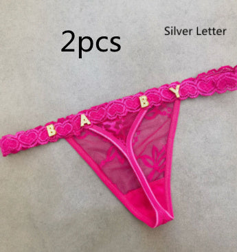 Women’s Transparent Rhinestone Letter Lace Shorts - Peach Red2pcs / 1to5 Silver Letter / One size - Women’s Lace Shorts