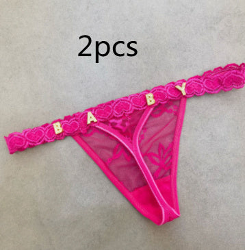 Women’s Transparent Rhinestone Letter Lace Shorts - Peach Red2pcs / 1to5 Gold Letter / One size - Women’s Lace Shorts