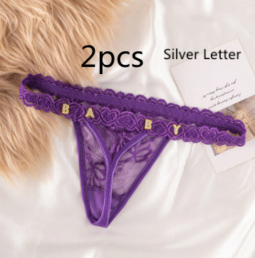 Women’s Transparent Rhinestone Letter Lace Shorts - Purple2pcs / 1to5 Silver Letter / One size - Women’s Lace Shorts