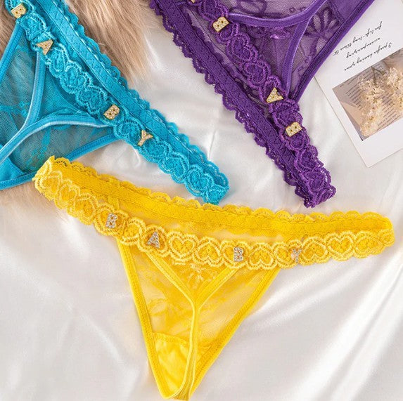 Women’s Transparent Rhinestone Letter Lace Shorts - Three color suit / 11to15 Gold Letter / One size - Women’s Lace