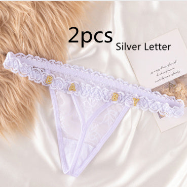 Women’s Transparent Rhinestone Letter Lace Shorts - White2pcs / 1to5 Silver Letter / One size - Women’s Lace Shorts