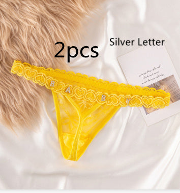 Women’s Transparent Rhinestone Letter Lace Shorts - Yellow2pcs / 1to5 Silver Letter / One size - Women’s Lace Shorts