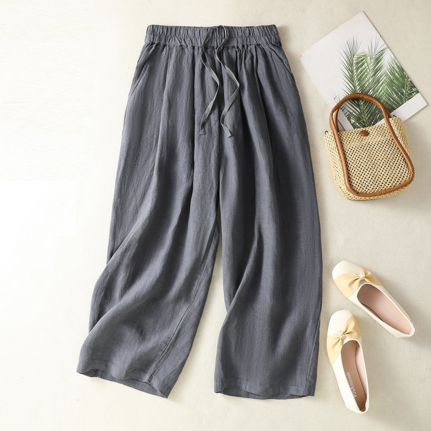 Women’s Wide Leg Cotton Linen Summer Pants - Gray / 2XL - Wide leg trousers
