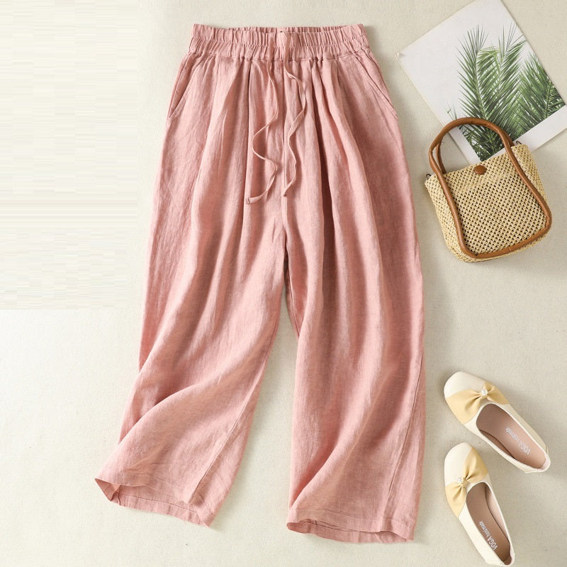 Women’s Wide Leg Cotton Linen Summer Pants - Pink / 2XL - Wide leg trousers