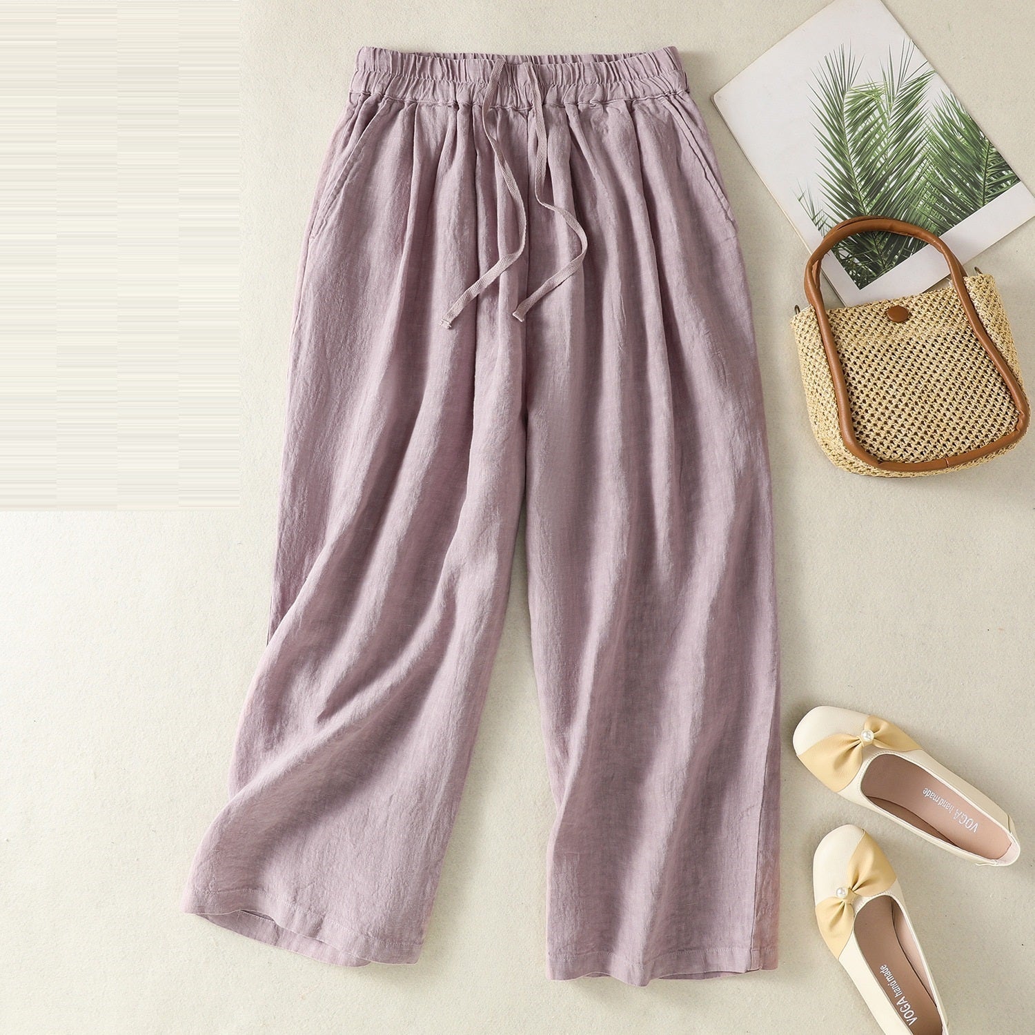 Women’s Wide Leg Cotton Linen Summer Pants - Purple / 2XL - Wide leg trousers
