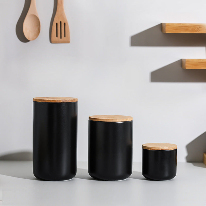 Wooden Lid Sealed Ceramic Storage Jar Kitchen Accessories - Black / Suit - Storage Jar
