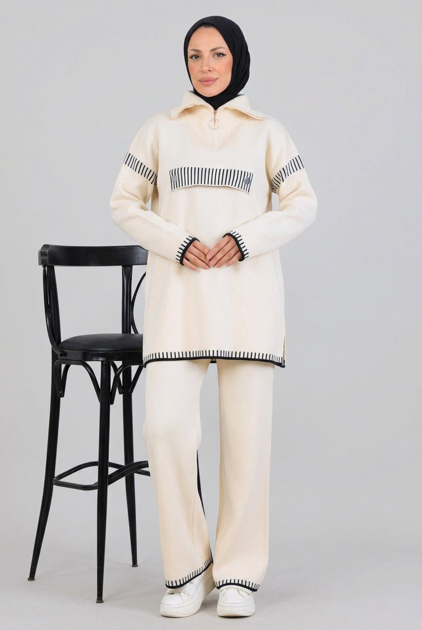NEOMODEST Zippered Collar Knitwear Suit | Beige – NEOMODEST, image 1