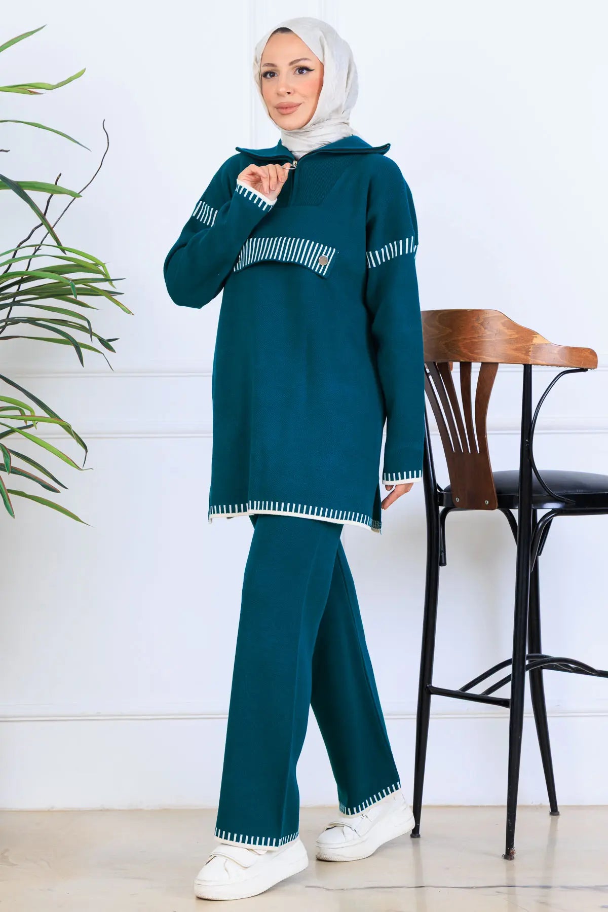 Zippered Collar Knitwear Suit in Petroleum Blue – NEOMODEST, image 2