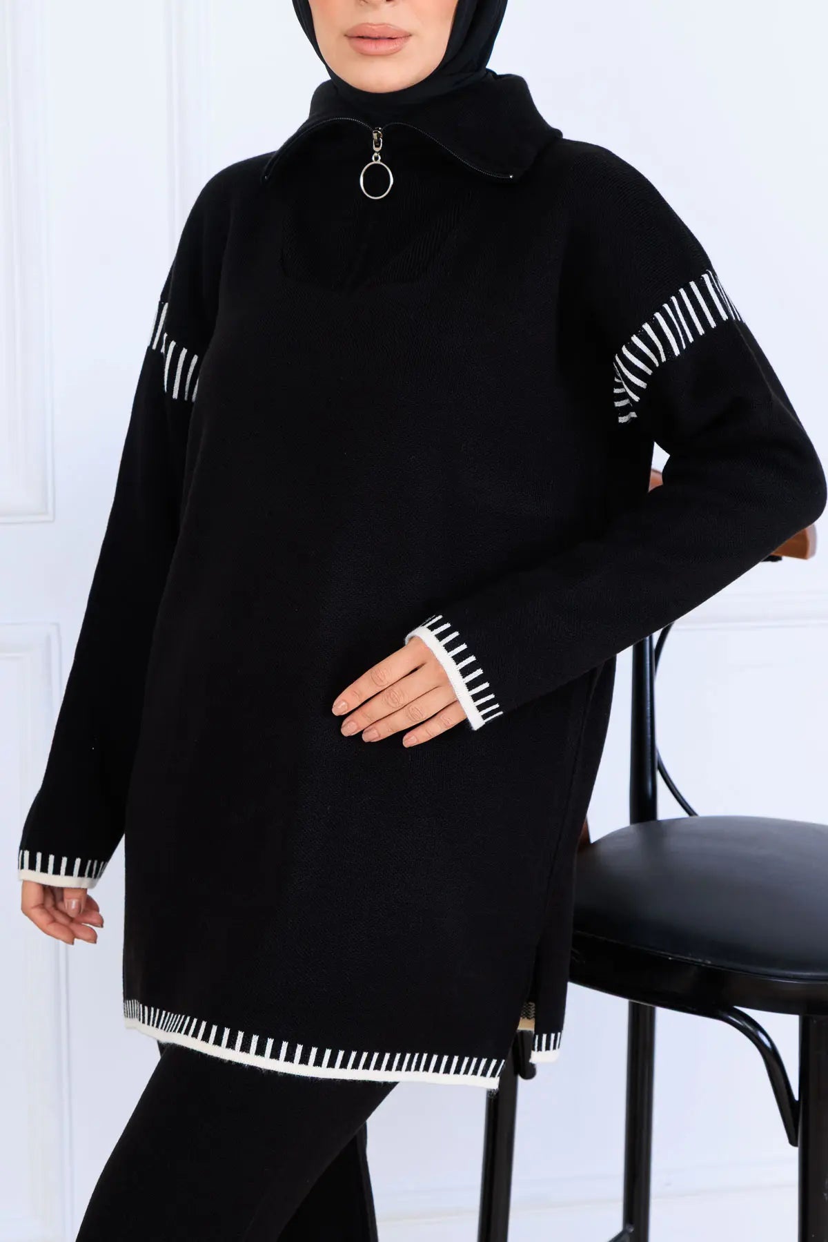Zippered Collar Stripe-Detail Knitwear Suit in Black – NEOMODEST, image 4