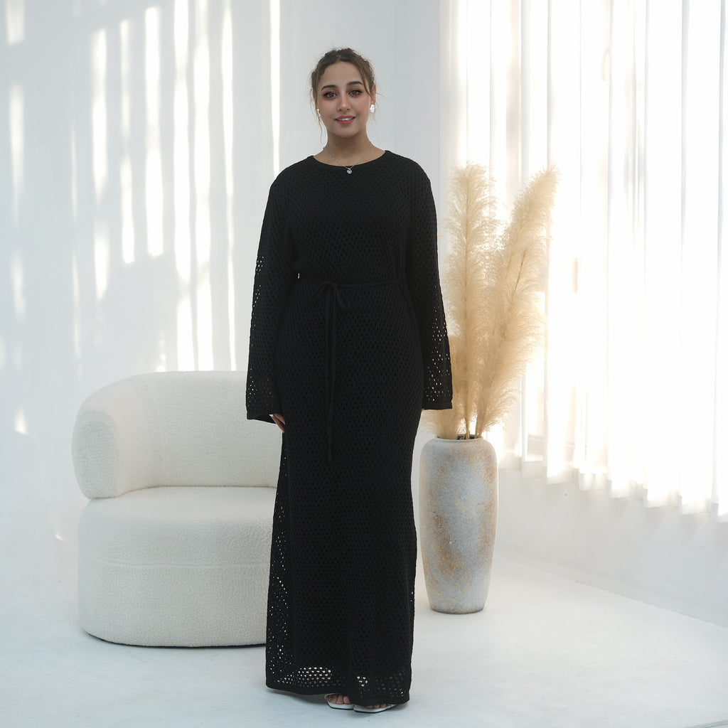 Elegant Hollow-Out Knit Dress - Modest A-Line Long Sleeve Abaya Dress