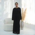Elegant Hollow-Out Knit Dress - Modest A-Line Long Sleeve Abaya Dress
