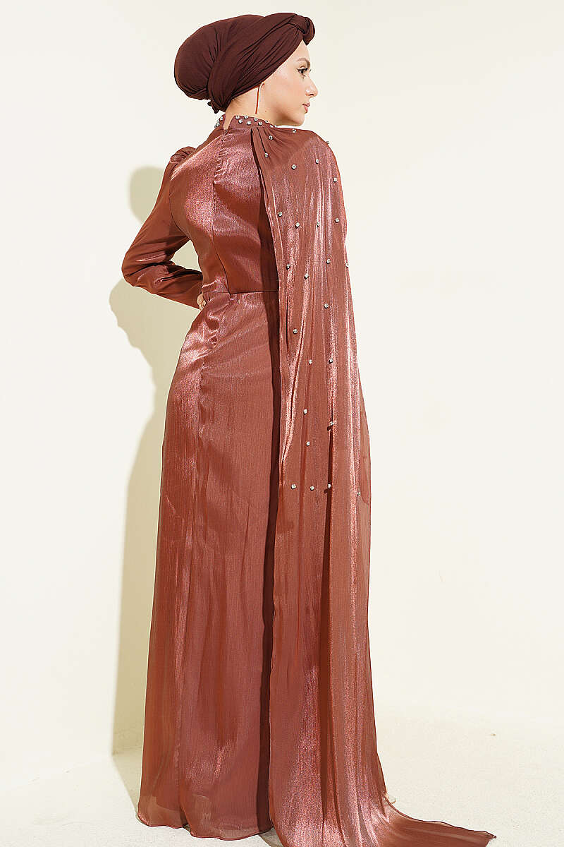 Modest One-Shoulder Cape Evening Dress with Embellishment – Brown