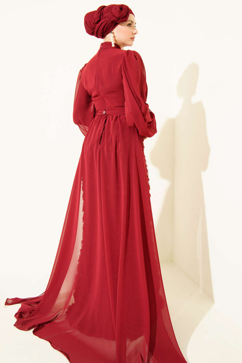 Floral Patterned Tulle Cape Evening Dress in Burgundy